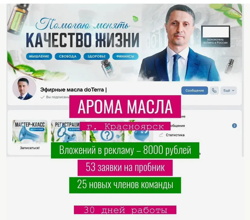 SMM и реклама ВКонтакте для сообщества об эфирных маслах в Красноярске